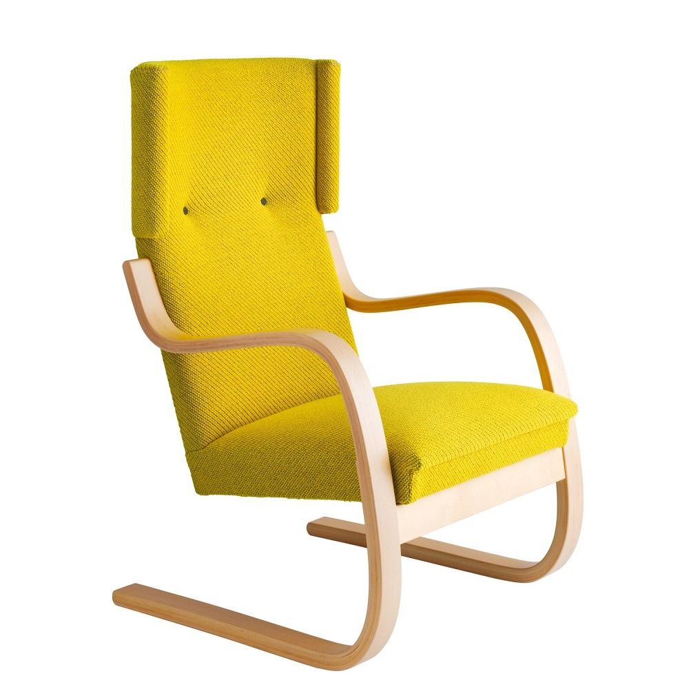 Gelber Artek 401 Sessel mit Holzrahmen, ein Designklassiker für Wohnzimmer und Büro.